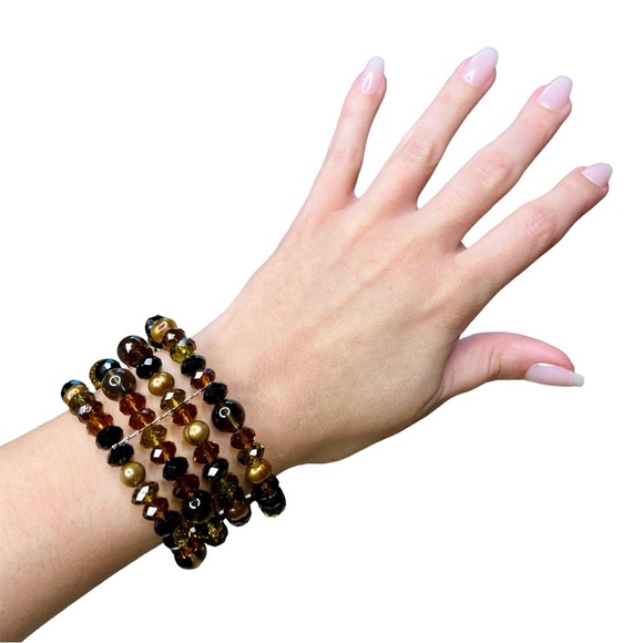 Four Stack Amber/Gold/Black/Brown Beaded Bangle Bracelet - Picture 3 of 5